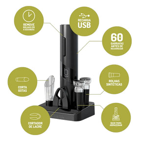 Kit Abridor de Vinhos Elétrico Saca-Rolhas Biscuitt Oak USB 4 em 1 – Sommelier Collection